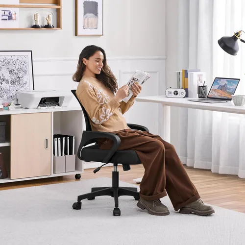 Miniatura 2 de Yaheetech Silla de oficina de malla con respaldo medio, ajustable, ergonómica, silla de trabajo para computadora, giratoria rodante con soporte