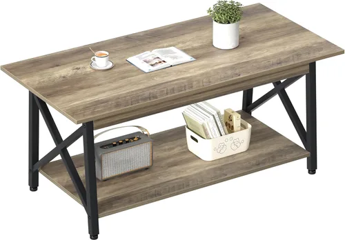 Miniatura 10 de GreenForest - Mesa de centro industrial patas de metal con estante de almacenamiento para sala de estar, fácil montaje, nogal