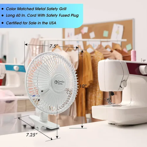 Miniatura 3 de Comfort Zone Ventilador portátil con clip para cochecito, de 15 cm con inclinación totalmente ajustable, silencioso de 2 velocidades para cama, mini
