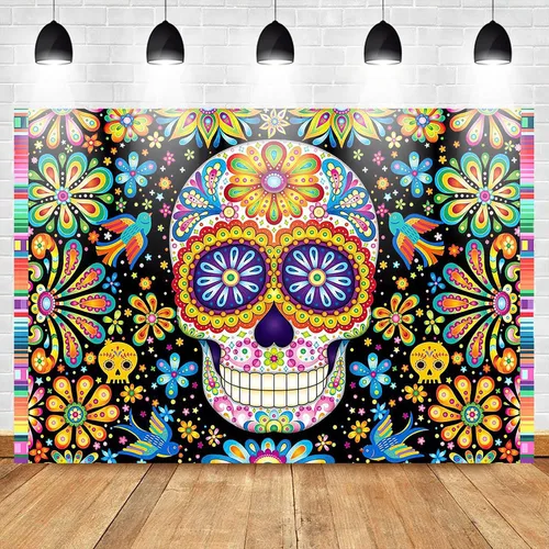 Miniatura 2 de Mocsicka Telón de fondo del Día de los Muertos, decoración mexicana de calavera y flores de calavera, cumpleaños, baby shower, fiesta, fotografía