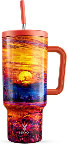 Miniatura 39 de Meoky - Vaso de 30 oz con asa, tapa y pajilla, taza de viaje térmica de acero inoxidable 100% a prueba de fugas, para portavasos, mantiene el frío