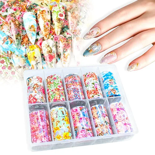 Miniatura 2 de 10 hojas de transferencia de lámina de uñas, diseño de flor de Cupido en ángulo, calcomanías de uñas, calcomanías de arte de uñas, tiras