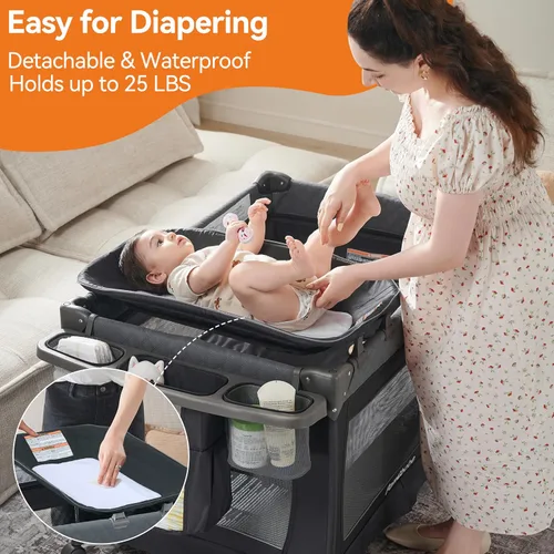 Miniatura 9 de Pamo Babe Playard Magic Fold - Corralito plegable para bebé, corralito portátil, centro para bebé con moisés para recién nacidos, moisés para Gris