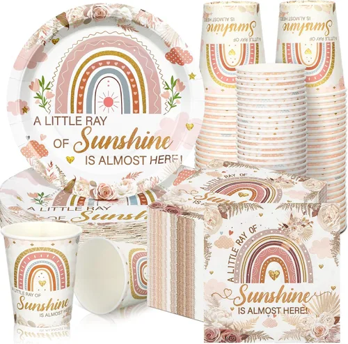 Miniatura 26 de Hushee 200 piezas de platos de papel, servilletas y vasos florales para baby shower, juego de vajilla para fiesta de baby shower, vasos y Rosa