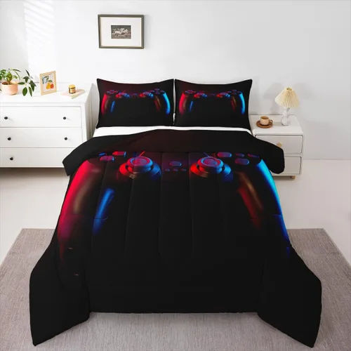 Juego de edredón de videojuegos para niños, niñas y hombres, juego de ropa de cama con estampado de consola de videojuegos negro, decoración del