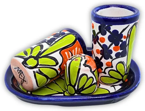 Miniatura 6 de Juego de vasos de chupito de tequila Talavera con bandeja y salero (juego de 2) - Diseño de flores verdes - Juego de regalo mexicano auténtico Flor