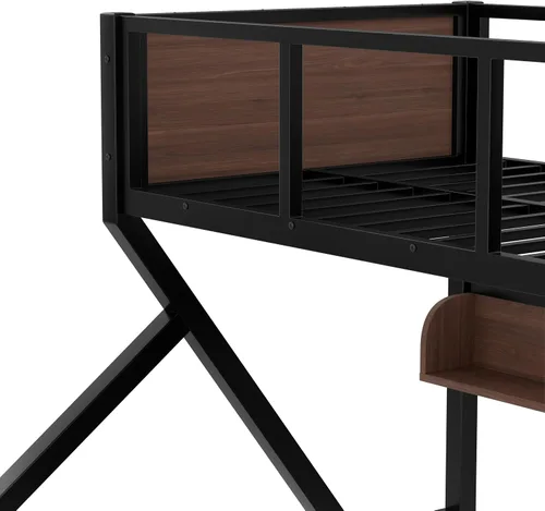 Miniatura 9 de Bellemave Litera individual XL sobre Queen con estantes, literas de metal con escaleras y luces, litera resistente para dormitorios, habitaciones
