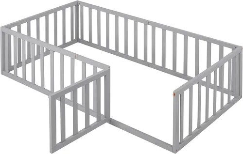 Miniatura 8 de Cama Montessori de suelo individual con puerta y valla para niños, marco de cama Montessori bajo de madera maciza con barandillas de seguridad
