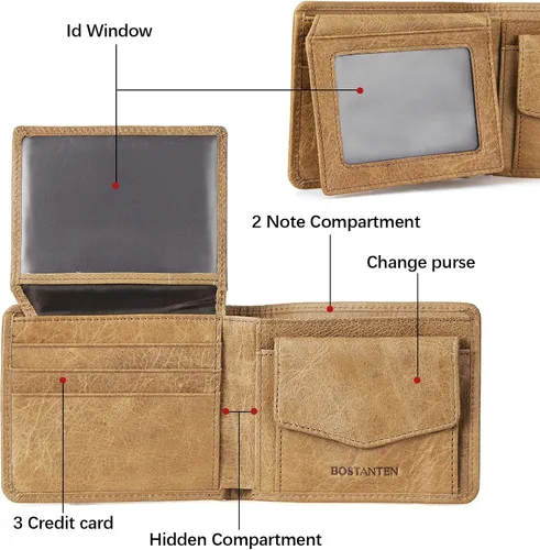Miniatura 4 de BOSTANTEN Billeteras de piel auténtica para hombre, con bloqueo RFID y 2 ventanas de identificación