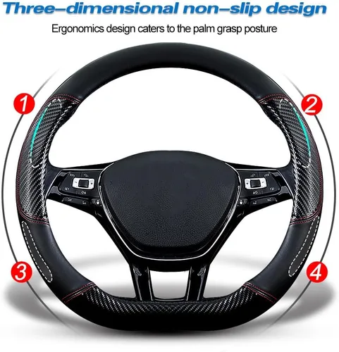 Miniatura 3 de HAOTULE Funda de volante de fibra de carbono y cuero en forma de D, elegante funda de cuero antideslizante para automóvil, interior de automóvil