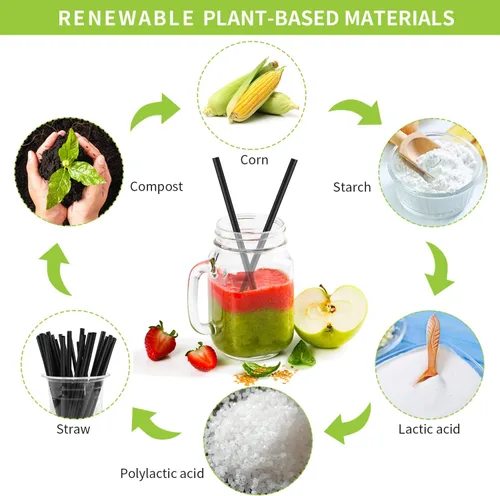 Miniatura 2 de Pajitas biodegradables compostables envueltas individualmente, pajitas negras desechables de ácido poliláctico (PLA) a base de plantas
