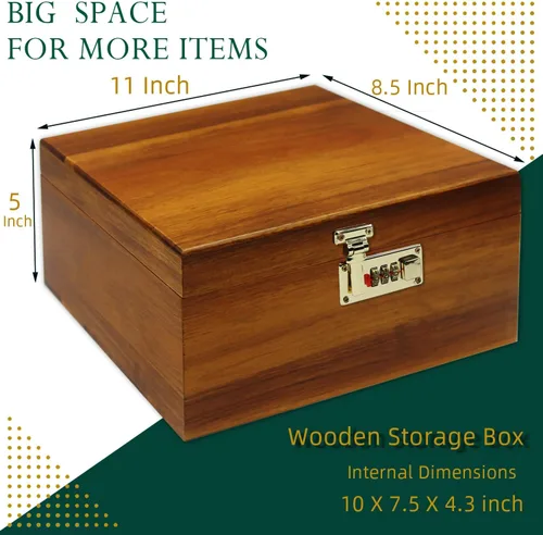 Miniatura 6 de MFLUEEWR Caja Grande de Madera con Tapa con Bisagras con Cerradura de Combinación, Caja de Almacenamiento de Madera Cofre Decorativo con Cerradura
