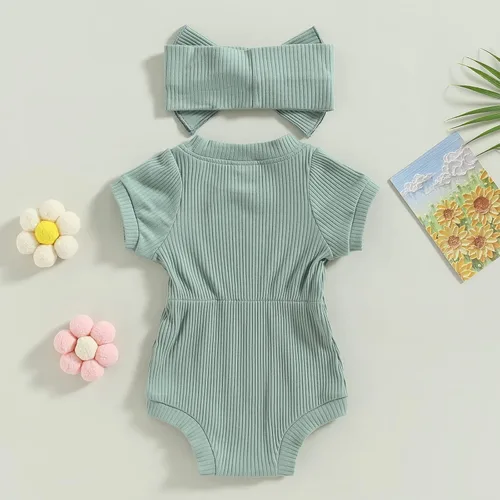 Miniatura 24 de Traje de verano para niña pequeña, de manga corta, acanalado, overol liso, pantalones cortos, ropa para recién nacidos