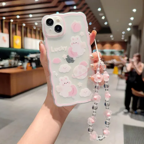 Miniatura 4 de Funda compatible con iPhone 15, patrón de conejo melocotón de dibujos animados lindo con bonito diseño de cadena, para mujeres y niñas, funda kawaii