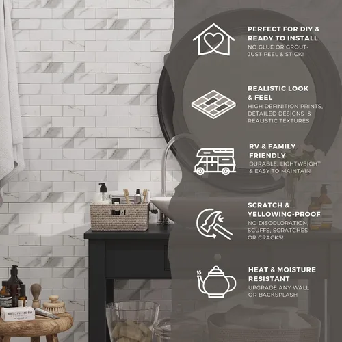 Miniatura 3 de Avant Decor 8 azulejos Azulejos de metro compuesto de piedra Pelar y pegar cocina en muro para pegar en la pared, fácil instalación de Blanco