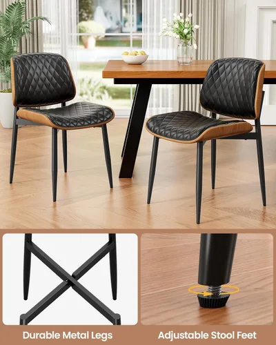 Miniatura 7 de REONEY Juego de 2 sillas de comedor, modernas sillas tapizadas de piel sintética de mediados de siglo con respaldo de nogal y patas de metal, pies