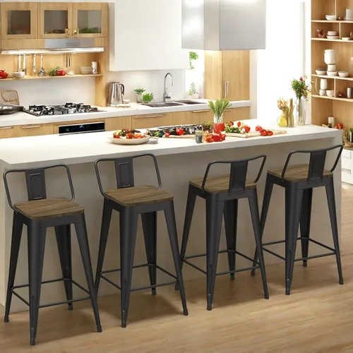 Miniatura 28 de Juego de 4 taburetes de bar de metal, taburetes de bar con respaldo alto con asiento de madera, taburetes de bar negros de 24 pulgadas para isla