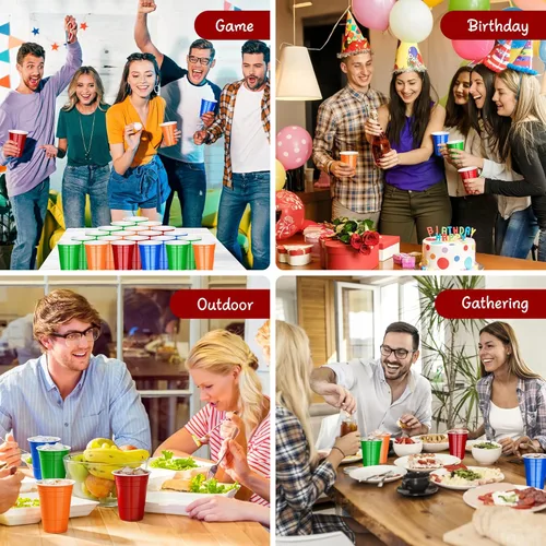 Miniatura 7 de KesaPlan Paquete de 100 vasos de plástico neón de 16 onzas en verde, rojo, naranja y azul, desechables coloridos para fiestas, bebidas frías a Verde