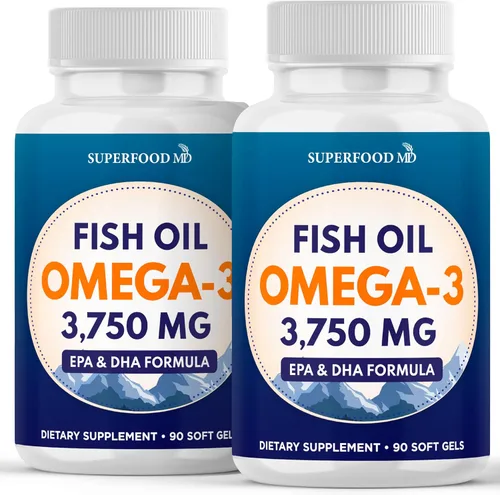 Aceite de pescado Omega 3 Triple Strength 3750 mg – EPA y DHA – Más de 3000 mg de ácidos grasos omega-3 – 1350 mg EPA + 900 mg DHA – Los mejores