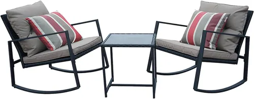 Miniatura 8 de Kozyard Juego de 3 sillas mecedoras para exteriores con mesa auxiliar y cojines, juego de muebles de mimbre para jardín, porche, patio trasero