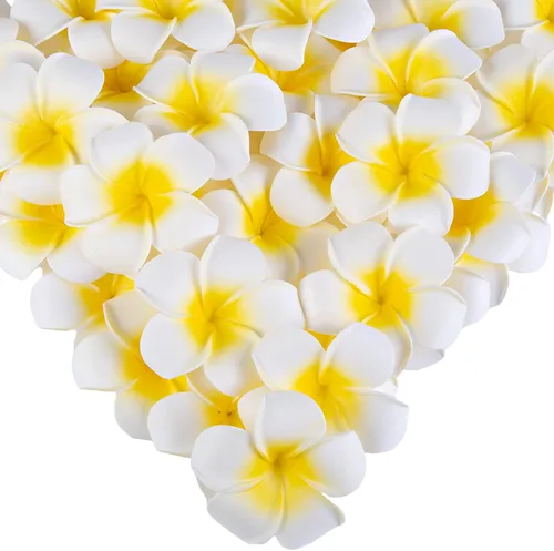 SallyFashion 50 cabezas de flores de plumeria de espuma de 2.7 pulgadas, Frangipani hawaiano artificial tropical para sombrero de pelo, corona,