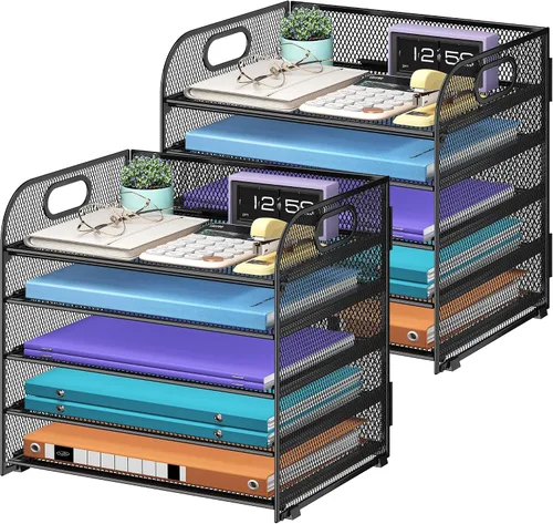 Miniatura 19 de Cawukege Organizador de papel de 5 niveles con asa, organizador de escritorio de malla de metal negro, carpeta de archivos, bandeja de cartas