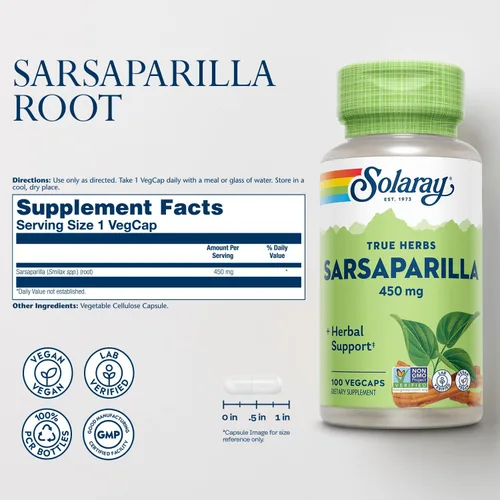 Miniatura 2 de SOLARAY Suplemento de raíz de zarzaparrilla de 450 mg – Soporte herbario tradicional para hombres y mujeres, sin OMG, vegano, verificado