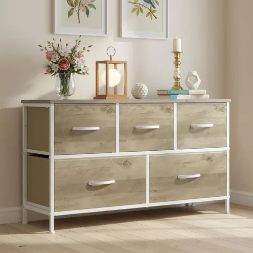 Miniatura 2 de OLIXIS Cómoda para dormitorio con 5 cajones, cómoda ancha, cómoda de tela para dormitorio con organizador de cajones, unidad organizadora de Roble