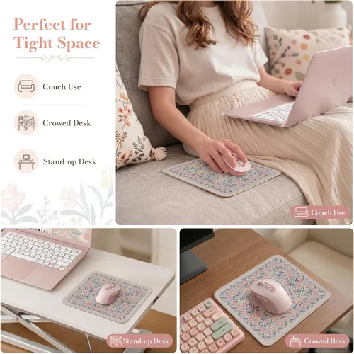 Miniatura 7 de iCasso Alfombrilla de mouse estética pequeña con diseño floral, mini alfombrilla de mouse portátil rosa, antideslizante y cómoda, de tela para mouse