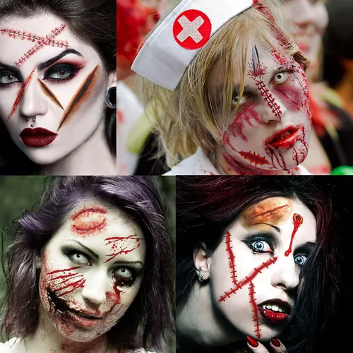 Miniatura 4 de VANTATY Juego de 215 piezas de 30 hojas de tatuajes de cicatrices falsas 3D, kit de maquillaje temporal de Halloween, puntadas falsas, tatuajes