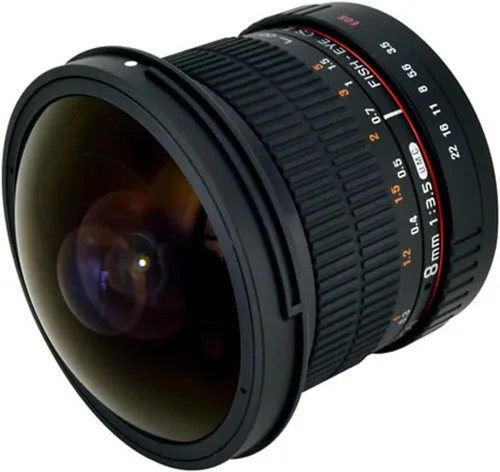 Rokinon HD8M-C - lente de ojo de pez con capucha desmontable, 8 mm f/3.5 HD para Canon DSLR 8-8mm, lente fijo sin zoom, negro
