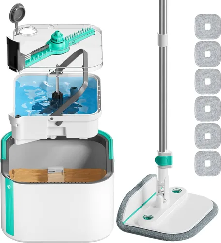 Miniatura 12 de Juego de trapeador giratorio y cubeta con 2 almohadillas de trapeador de microfibra reemplazables con sistema de separación automática de agua sucia