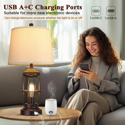 Miniatura 4 de Qimh Juego de 2 lámparas de mesa para dormitorio con puertos USB A+C, lámpara de mesita de estilo granja con luz nocturna, control táctil regulable