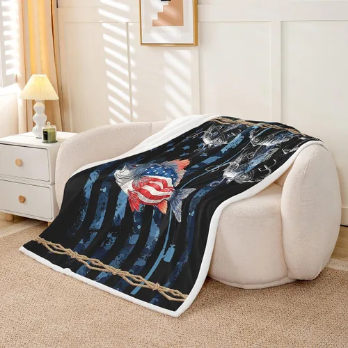 Miniatura 3 de Manfei Fish Throw Blanket Blue Camouflage American Flag Bed Blanket for Kids Boys Girls Room Decor, Fishing Theme Blanket for Couch Sofa, Soft and