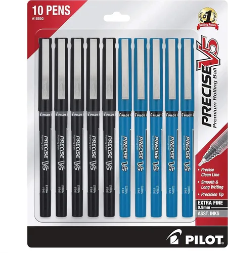 PILOT Precise V5 - Bolígrafo de punta extra fina, 0.020 in, paquete de 5 bolígrafos de tinta líquida negros y 5 azules