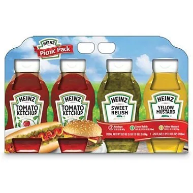Heinz Squeeze 2 Ketchup de tomate de 32 onzas y 1 condimento dulce de 26 onzas y 1 mostaza amarilla paquete de picnic de 28 onzas