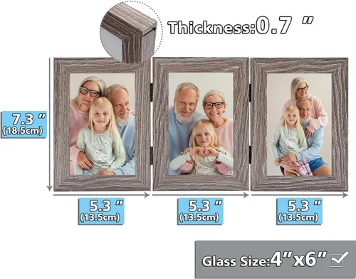 Miniatura 4 de Frametory, 3 Marcos de Fotos 4x6 Marcos de Fotos Trípticos Collage - Cristal Real - Triple Plegable (Gris, 1 Paquete)
