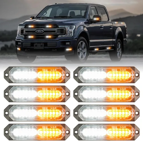 8 Piezas Luces Estroboscópicas de Emergencia de Montaje en Superficie Ámbar Blanco para Camiones, Barra de Luz Intermitente de Advertencia de