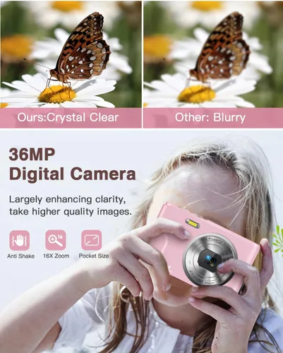 Miniatura 2 de Cámara digital para niños de 1080P 36 MP, cámara de video con dos baterías, sello de tiempo, antivibración, zoom de 16X, cámara portátil compacta