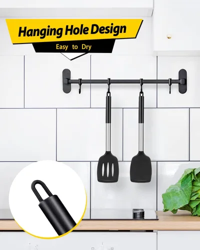 Miniatura 6 de Paquete de 2 espátulas de cocina de silicona sólidas, antiadherentes, utensilios de cocina sin BPA, resistentes al calor, utensilios de cocina Negro