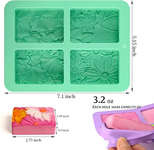 Miniatura 3 de HUAKENER Paquete de 2 moldes de silicona para jabón, molde rectangular para hacer jabón, moldes de silicona con patrón de flores rectangulares 3D