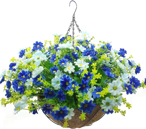 Miniatura 10 de Flores colgantes artificiales con cesta, flores de margaritas falsas en cestas colgantes forradas de coco de 12 pulgadas para la decoración