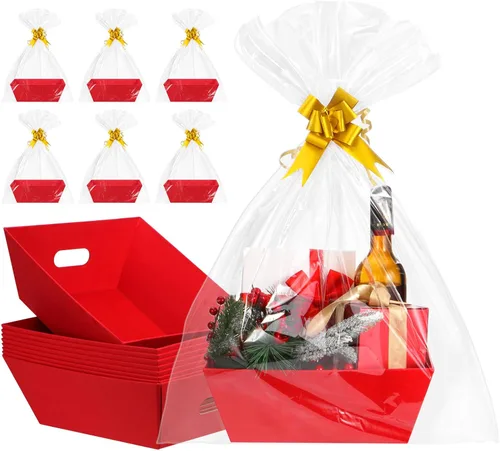 Miniatura 11 de AFOROEOA Paquete de 10 cestas vacías para regalos, cesta de regalo de papel kraft de 10 x 12 pulgadas de grosor con 10 lazos, 10 bolsas vacías