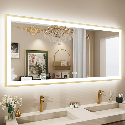 Miniatura 87 de Espejo de baño LED de 60x36 pulgadas con marco negro, espejos de baño retroiluminados y con luz frontal para pared, antiempañamiento, regulable