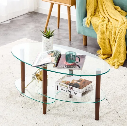 Miniatura 2 de Mesa de centro de vidrio ovalada, mesa de té de vidrio templado de 3 niveles, moderna mesa auxiliar de vidrio ovalada, mesa de vidrio de 3 capas
