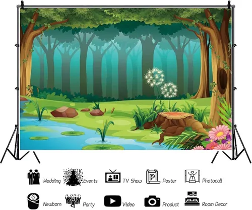 Miniatura 3 de Leyiyi Fondo de fotografía de bosque encantado de 5 x 3 pies, diseño de cuento de hadas, bosque, primavera, flores, río, caricatura, telón de fondo