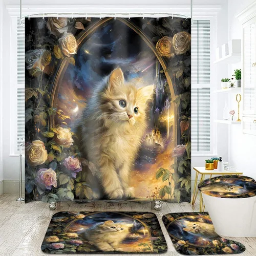 Miniatura 5 de Juego de 4 cortinas de ducha de gato con alfombras antideslizantes, cubierta para tapa de inodoro y tapete de baño, diseño de castillo rosa
