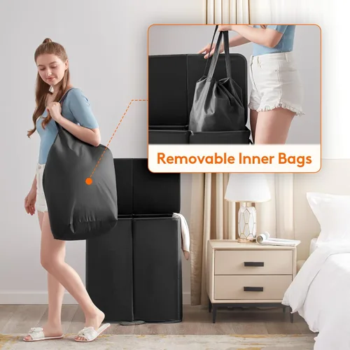 Miniatura 3 de Lifewit Cesta de lavandería doble de 136L con tapa y bolsas de lavandería extraíbles, cesta grande dividida, cesta plegable de 2 secciones con asas