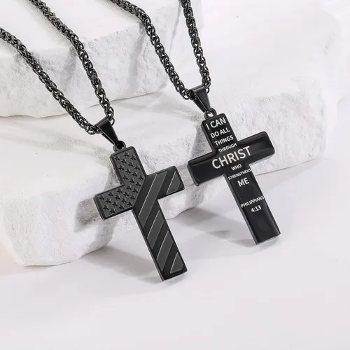 Miniatura 4 de DuoDiner Collar de cruz de 18+2 pulgadas, versículo de la Biblia, cadena colgante de bandera estadounidense de acero inoxidable para hombre, regalo