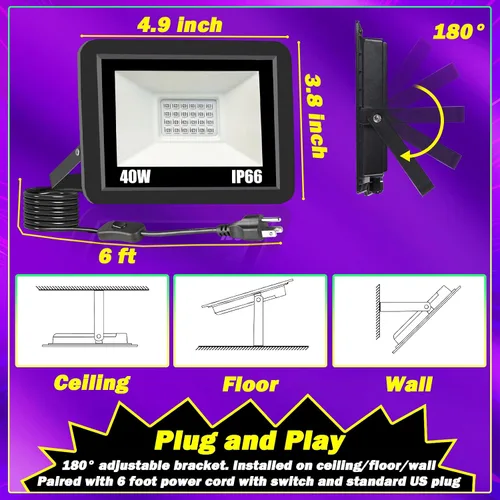 Miniatura 7 de Luz negra de 40 W IP66 impermeable para exteriores con cable de 6 pies + enchufe + interruptor, reflector de luz negra para Halloween, neón que